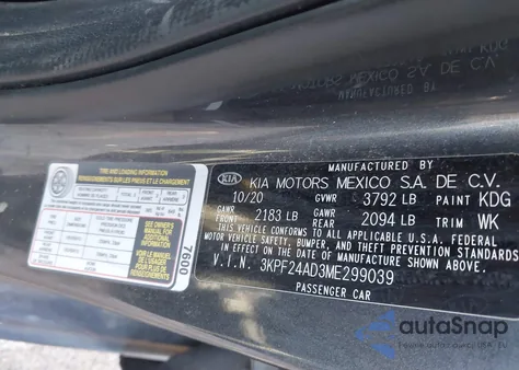 2021 Kia Forte Fe from USA, damaged, VIN 3KPF24AD3ME299039